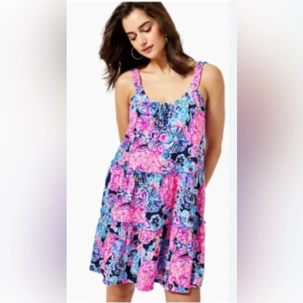 Lilly Pulitzer Loro High Tide navy & pink cotton floral tiered ruffle dress XXS